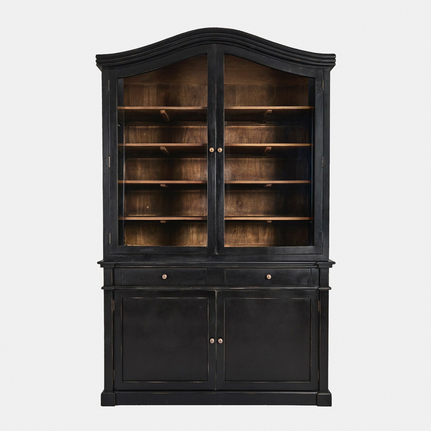 Schrank Westridge Schwarzer Holzvitrinenschrank mit Glastüren und Regalen, klassisches Wohnzimmermöbel