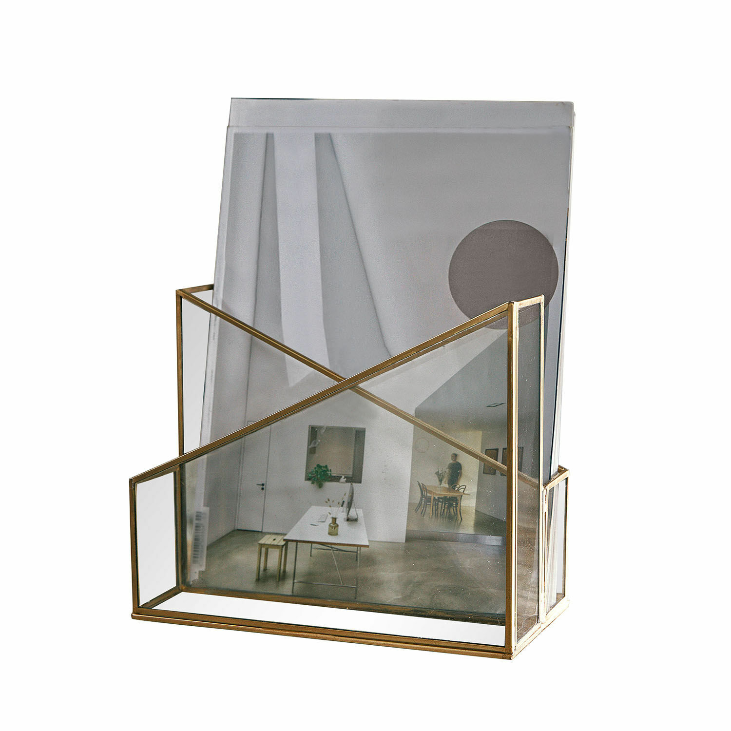 Zeitschriftenhalter Moselle Transparenter Glas-Dokumentenhalter mit messingfarbenem Metallrahmen für das Büro