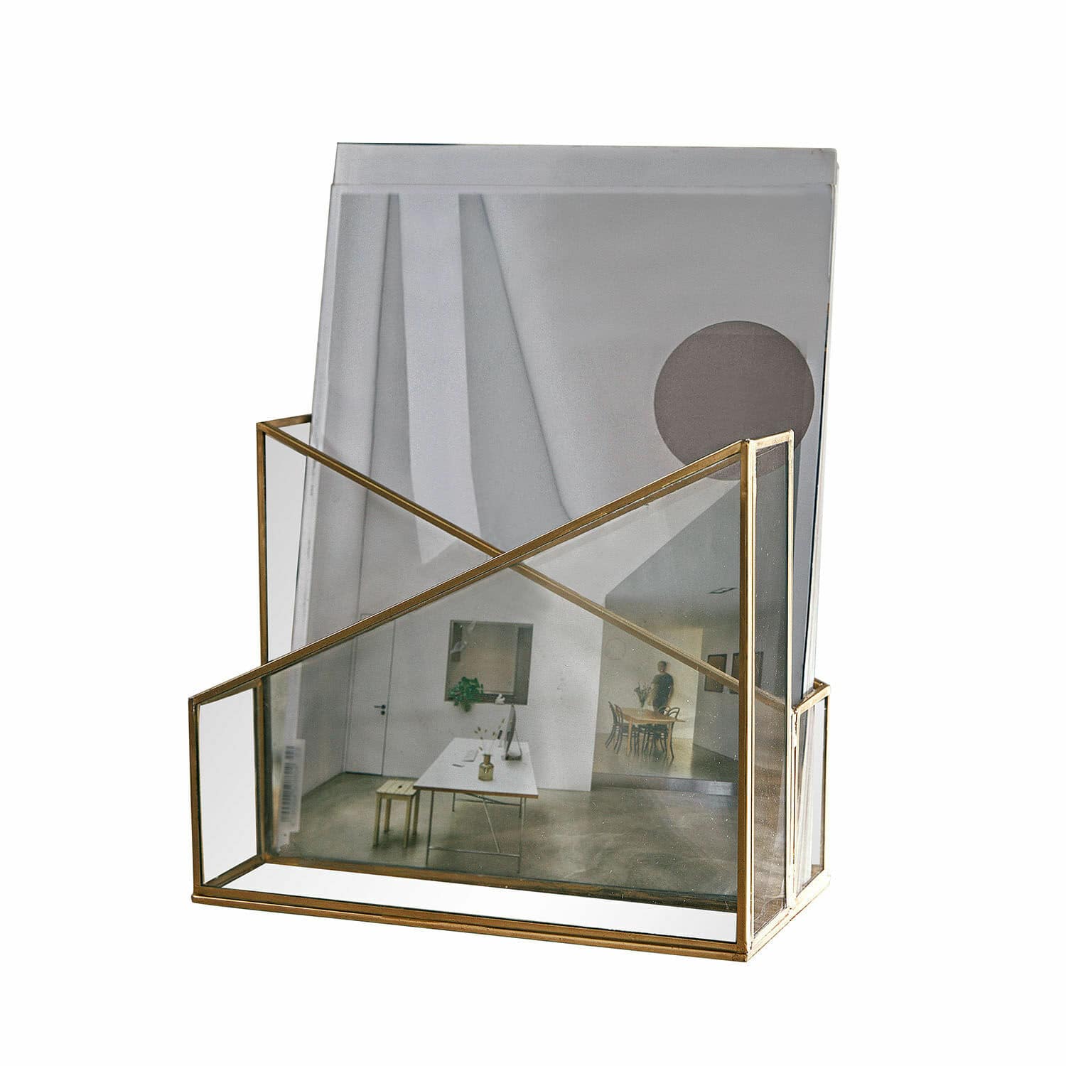 Zeitschriftenhalter Moselle Transparenter Glas-Dokumentenhalter mit messingfarbenem Metallrahmen für das Büro