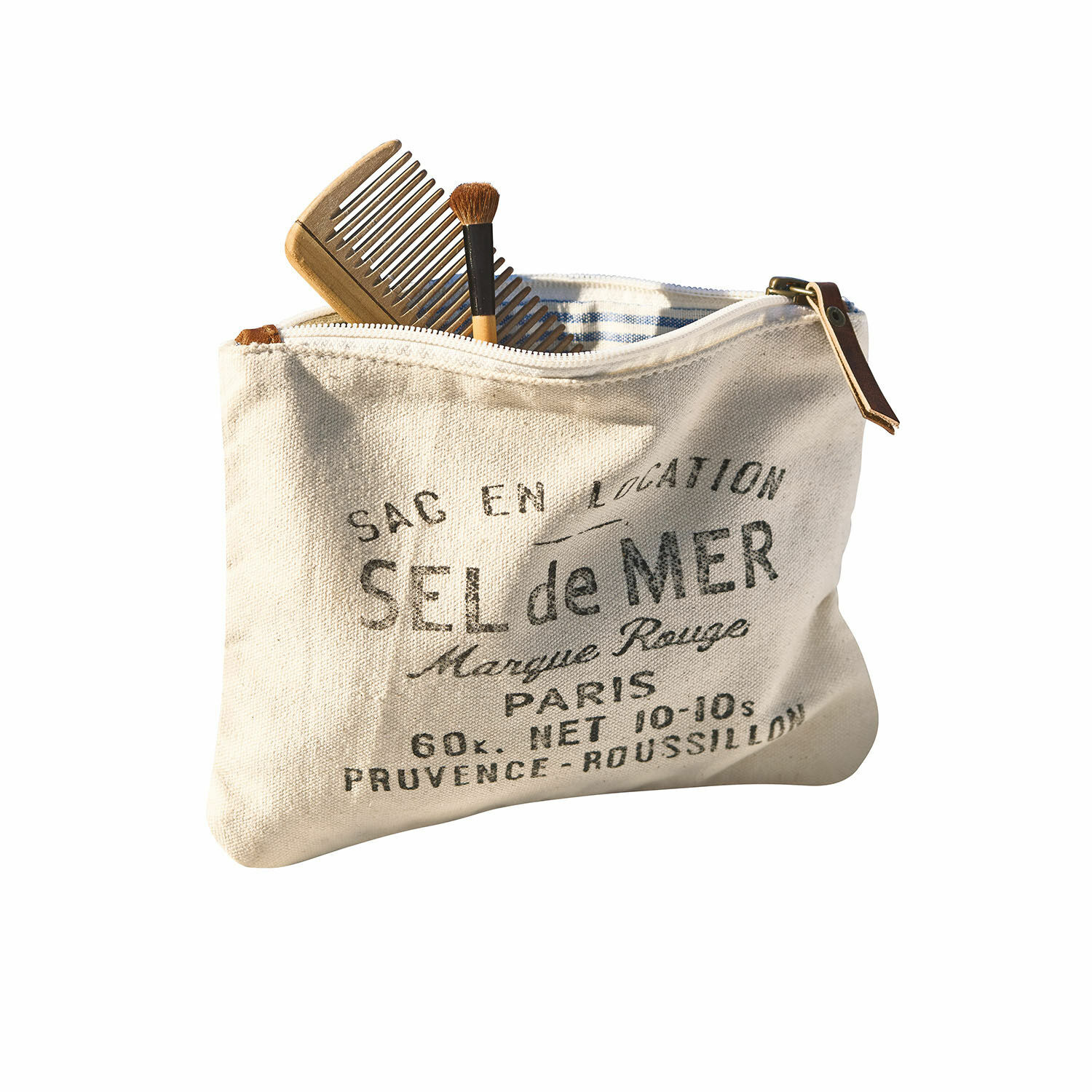 Täschchen Sel de Mer Beige Kosmetiktasche aus Baumwolle mit Aufdruck und Reissverschluss, Holzkamm und Make-up-Pinsel