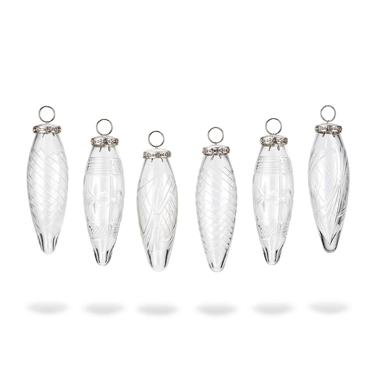 Weihnachtsschmuck 6er Set Loulay Sechsteiliges Set transparenter Glas-Weihnachtsanhänger mit Metallringen und graviertem Muster