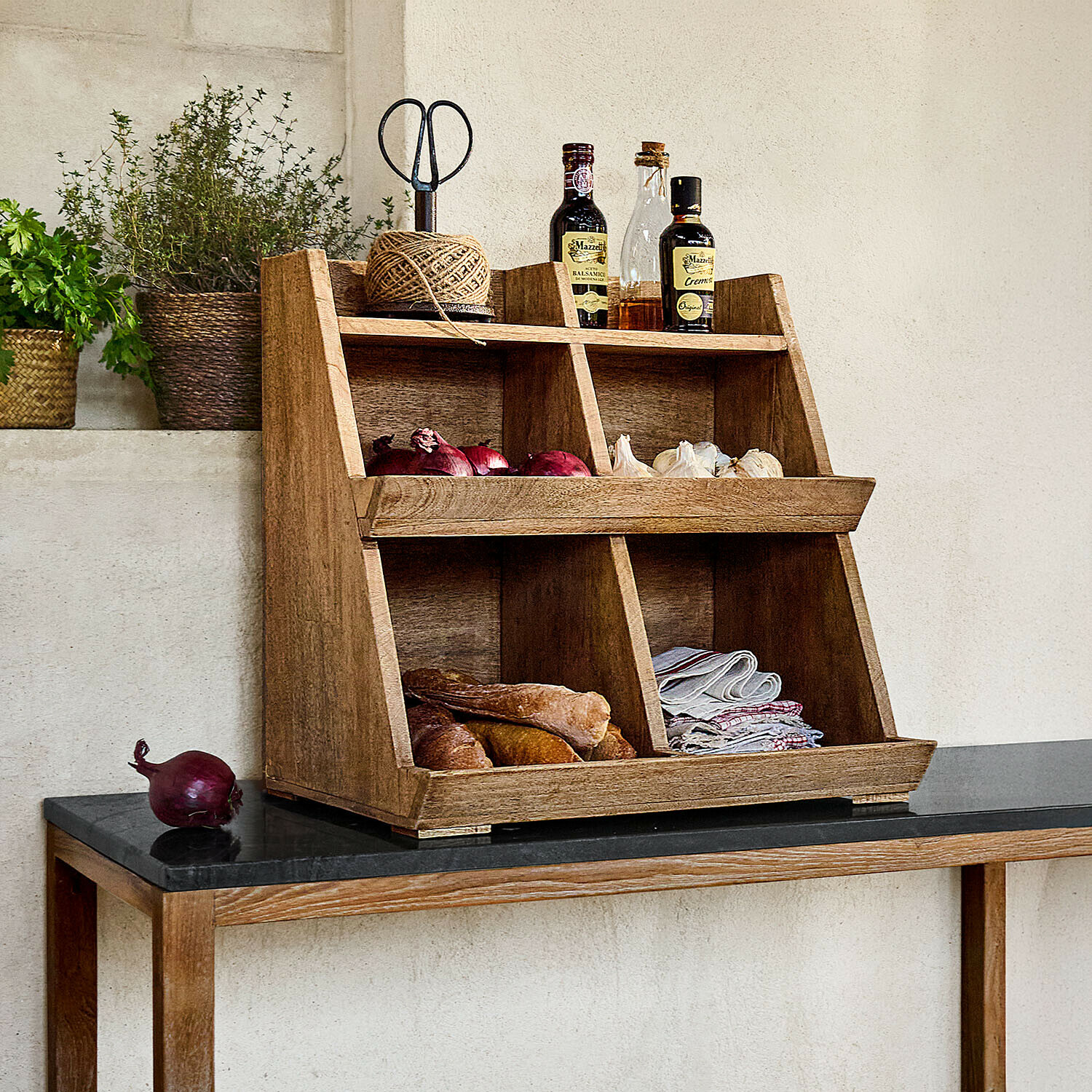 Organizer Sémone Holz-Organizer für Küche mit Fächern für Gewürze, Brot und Stoffe, naturfarbiges Holz