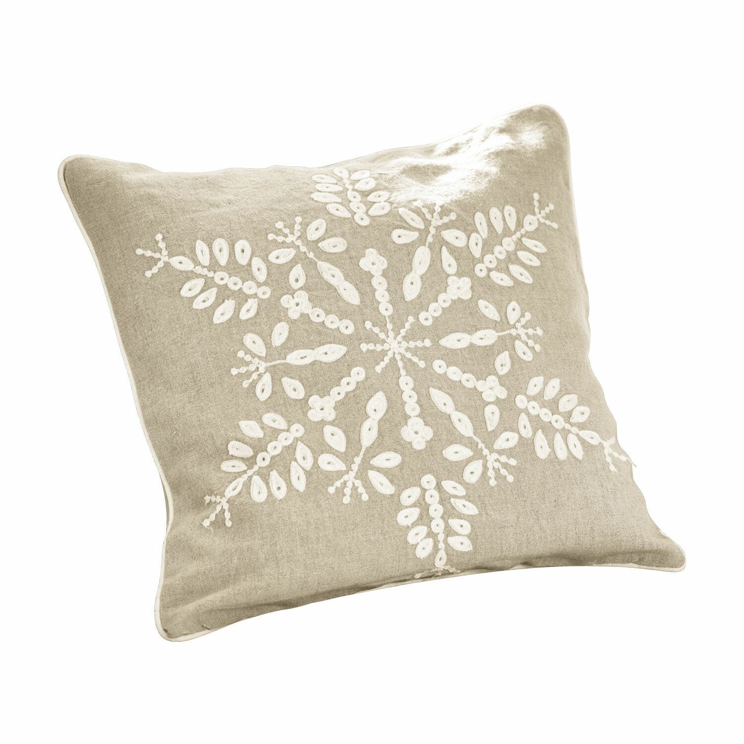 Kissenhülle Snowflake Beiges Leinenkissen mit weissem Schneeflocken-Stickmuster, dekoratives Wohnaccessoire