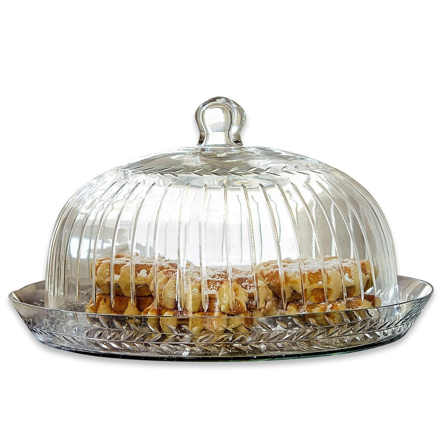 Glasglocke mit Platte Layla Glasglocke mit Blattmuster und Teller, transparent, mit Waffeln gefüllt, zum Servieren von Kuchen