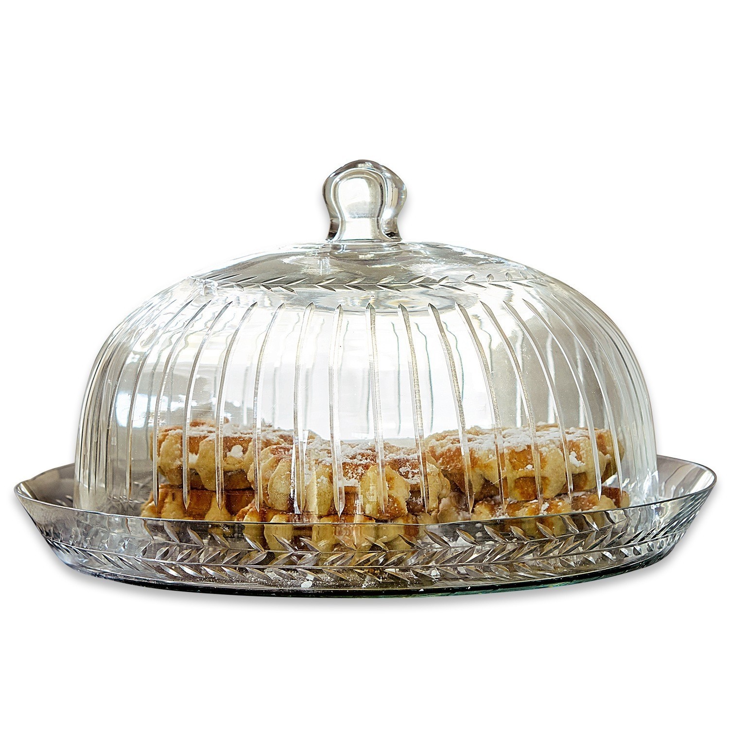 Glasglocke mit Platte Layla Glasglocke mit Blattmuster und Teller, transparent, mit Waffeln gefüllt, zum Servieren von Kuchen