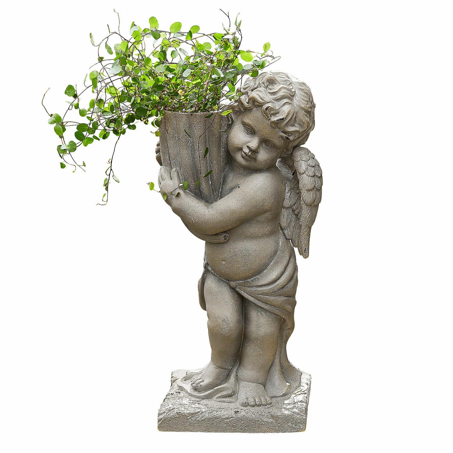 Übertopf Pirie Graue Steinskulptur eines Engels mit Pflanzgefäss und grünen Blättern als Gartendekoration