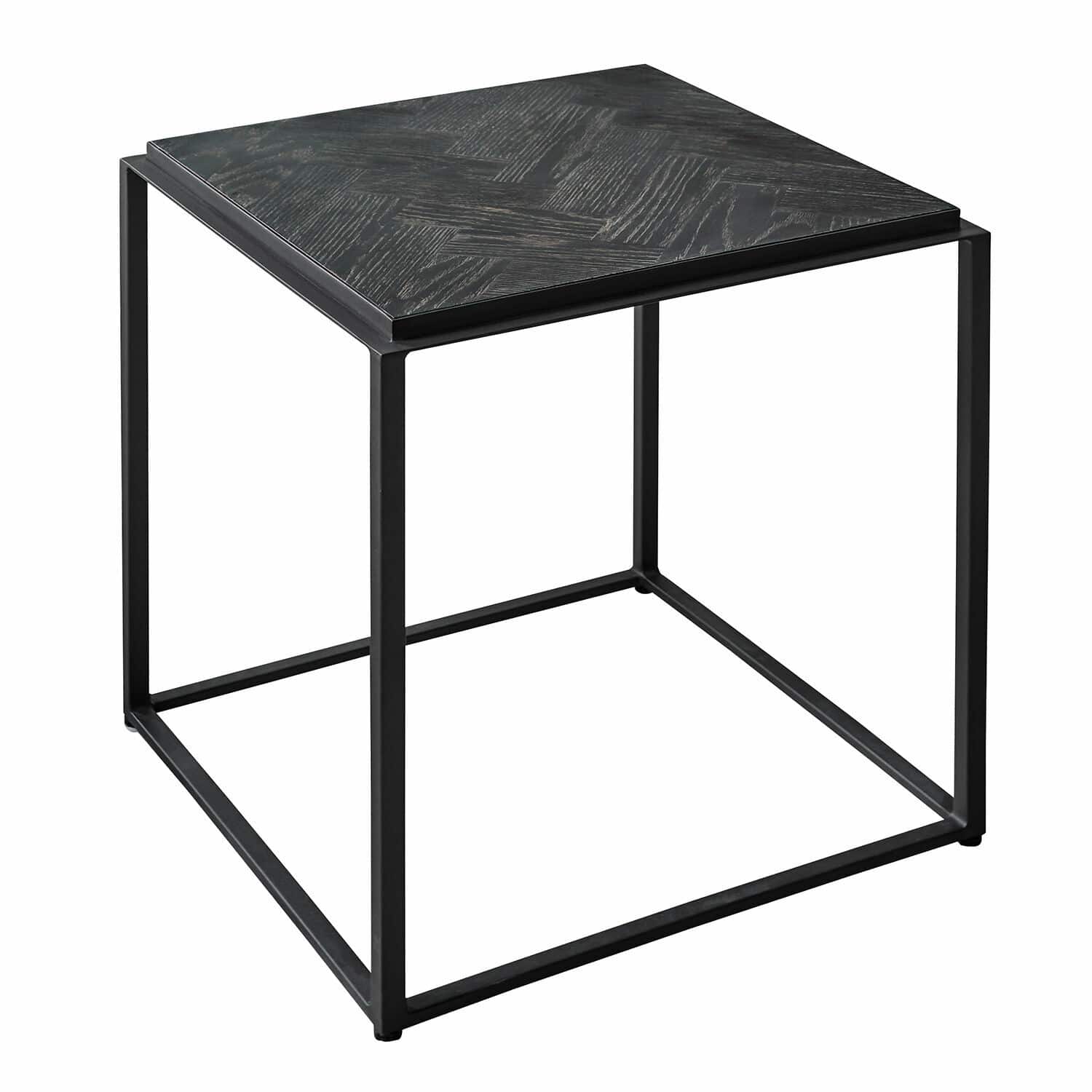 Beistelltisch Lumesto Quadratischer Beistelltisch aus schwarzem Metall und dunklem Holz mit geometrischem Muster, modernes Design