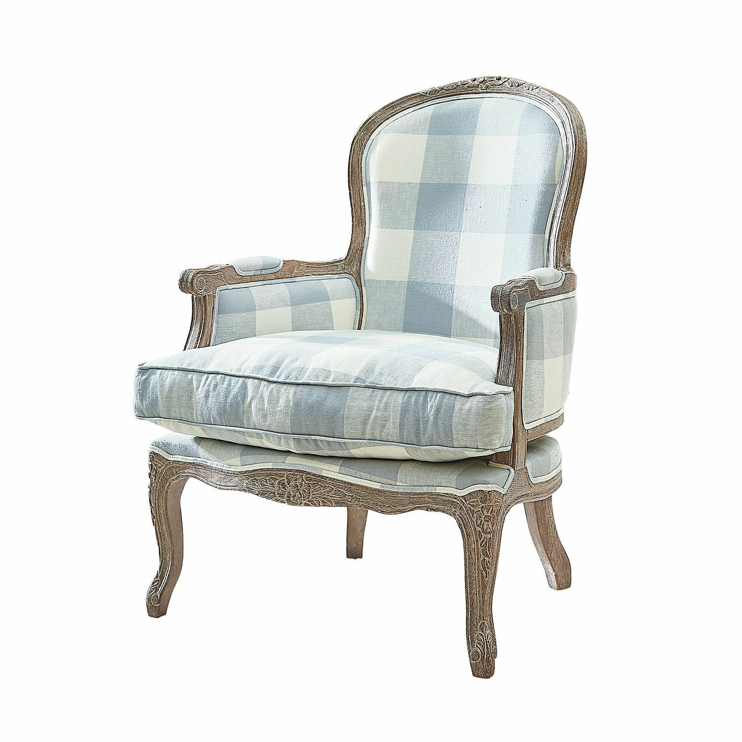 Sessel Quintelais Vintage-Sessel aus Holz mit geschnitztem Rahmen und blau-weiss kariertem Stoffbezug