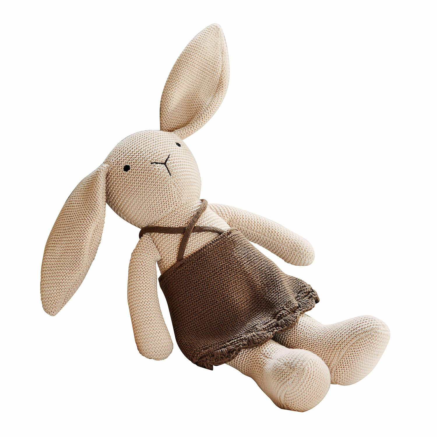 Stofftier Flicka Beiger gestrickter Hase mit braunem Rock, weiches Kinderspielzeug und Kinderzimmerdekoration