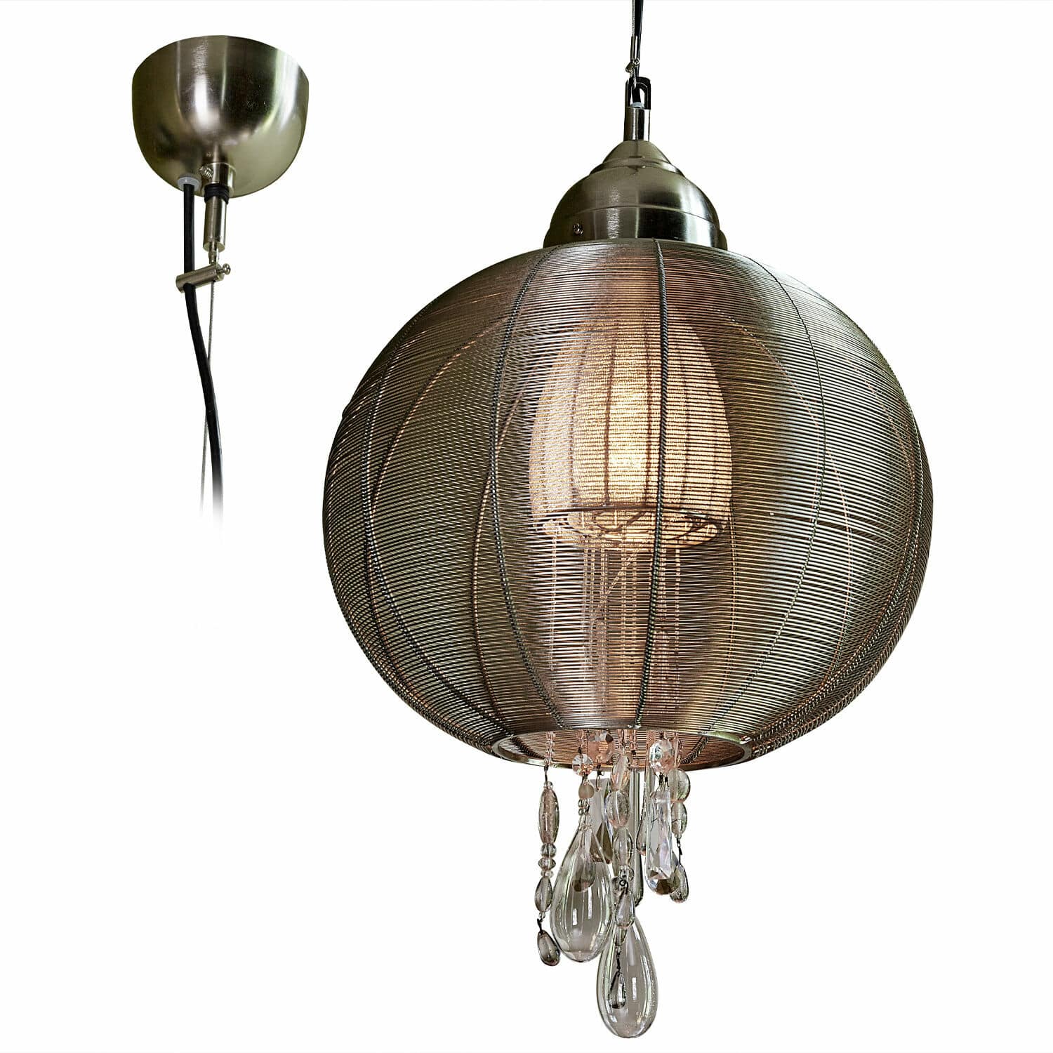 Hängelampe Sunbrook Hängeleuchte aus silbernem Metall mit Drahtgeflecht und Glaskristallen, modernes Design