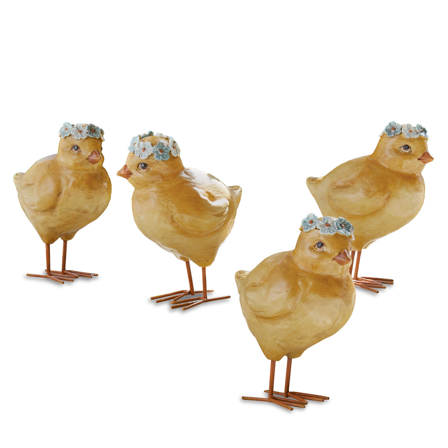 Küken 4er Set Dorette Vier gelbe Dekoküken aus Material mit blauen Blumenkränzen als Frühlingsdekoration