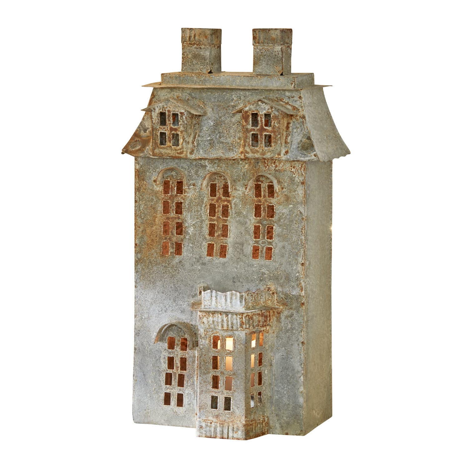 Windlicht Havnsen Metall-Dekoration in Hausform mit Fenstern und zwei Kaminen, graue Patina-Oberfläche