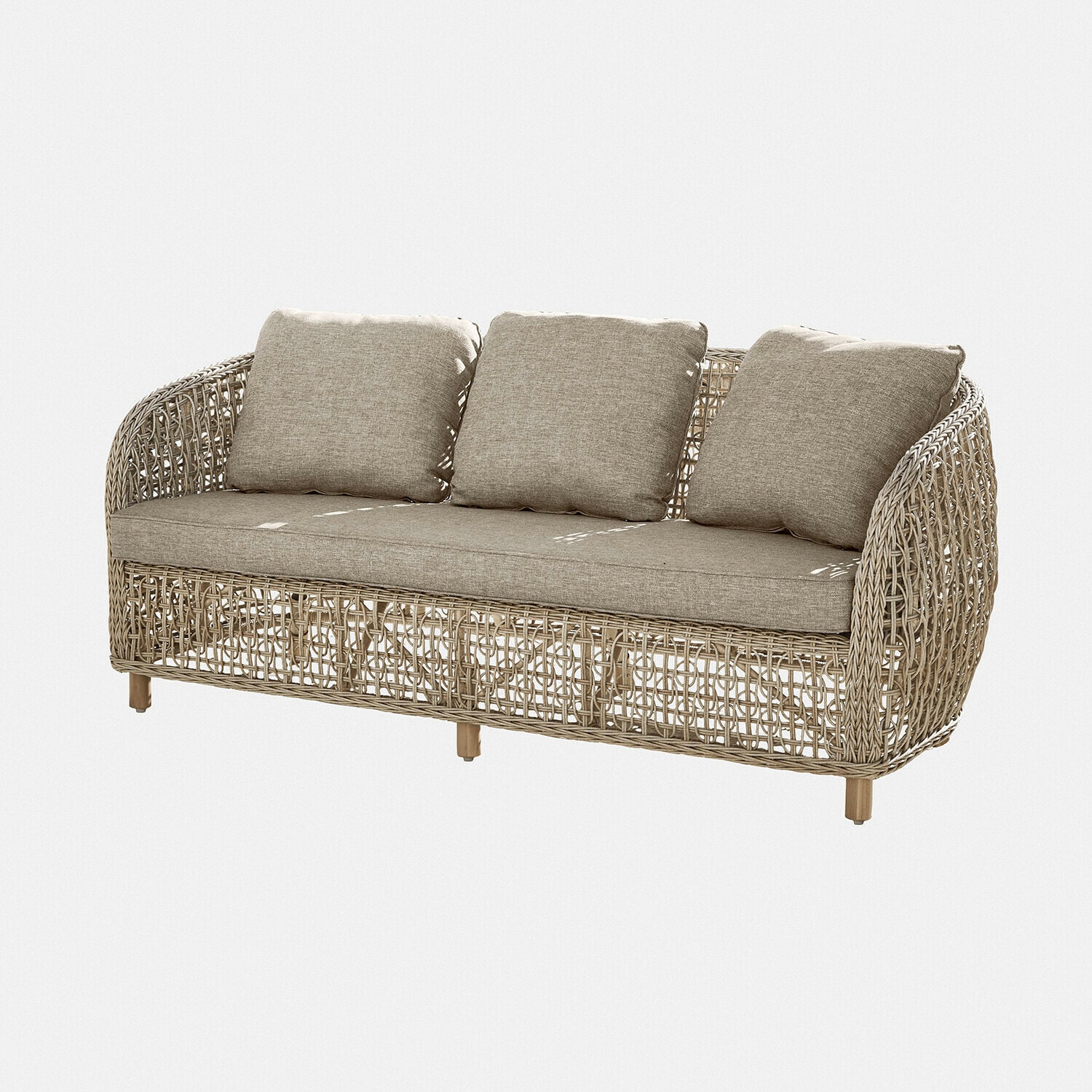Sofa Ventiglio Dreisitziges Sofa mit beigen Kissen und hellbraunem geflochtenem Rattanstuhlgestell