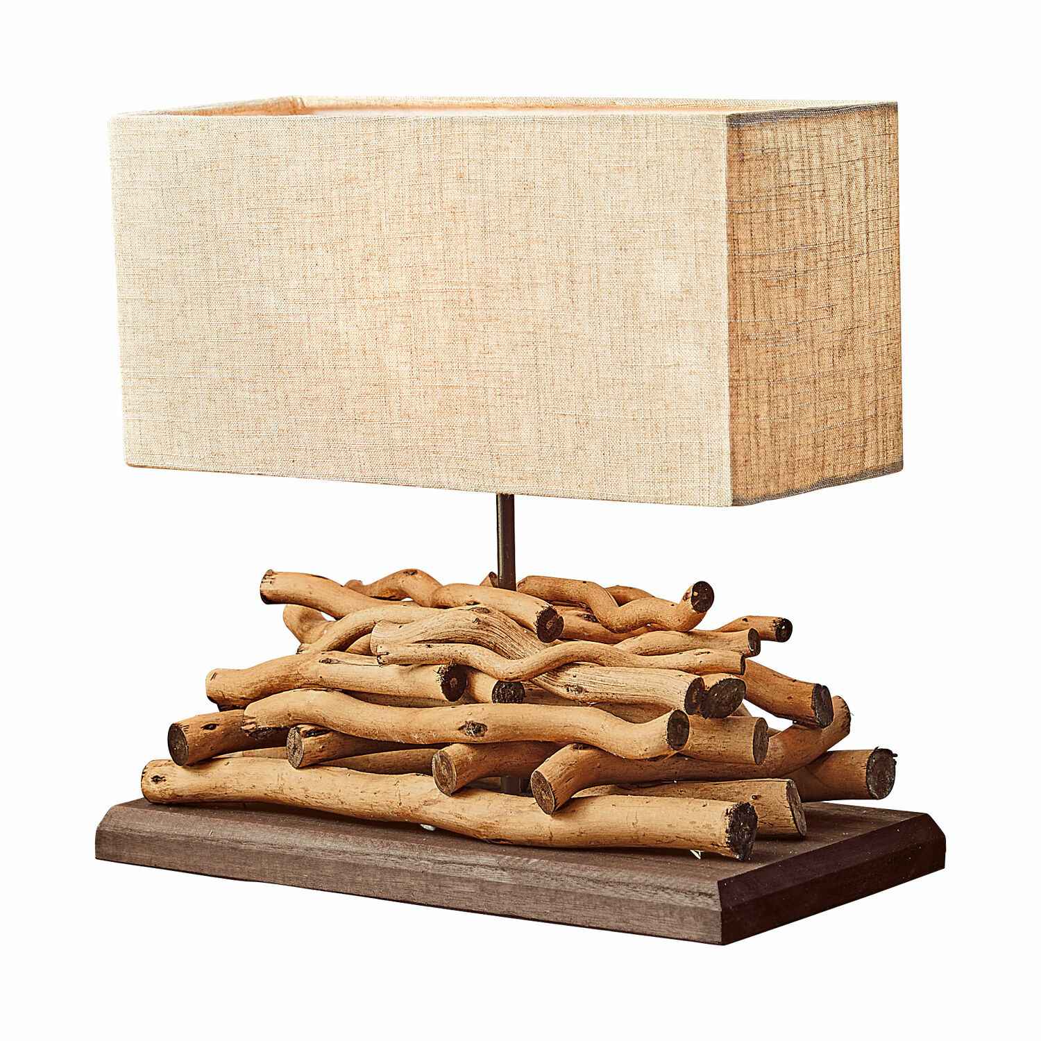 leinen/braun Tischlampe Caribou mit Naturholzfuss und beigem Stoffschirm, dekorative Wohnraumbeleuchtung