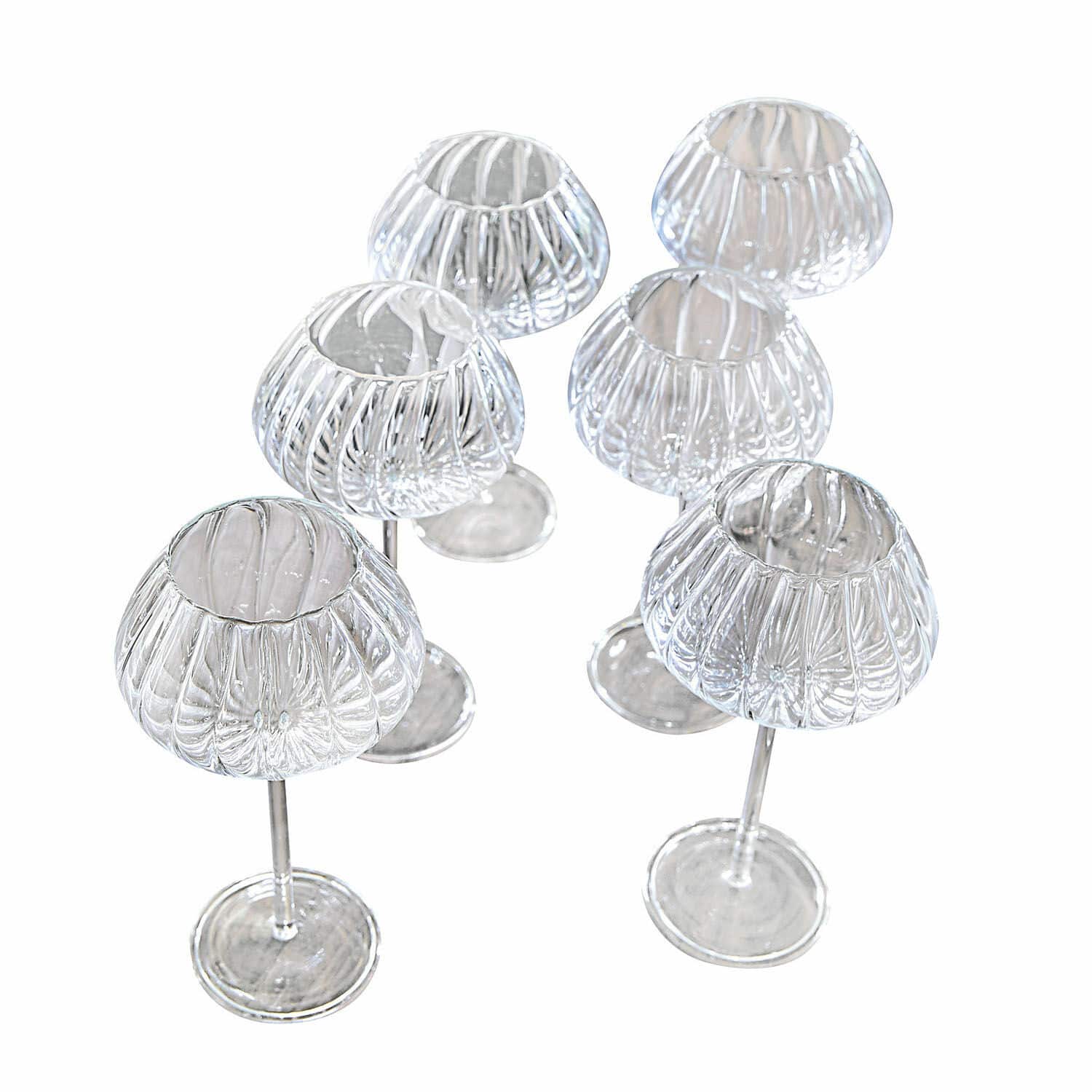Weinglas 6er Set Minou Set aus sechs transparenten Glas-Teelichthaltern mit Stiel und dekorativem Rillenmuster