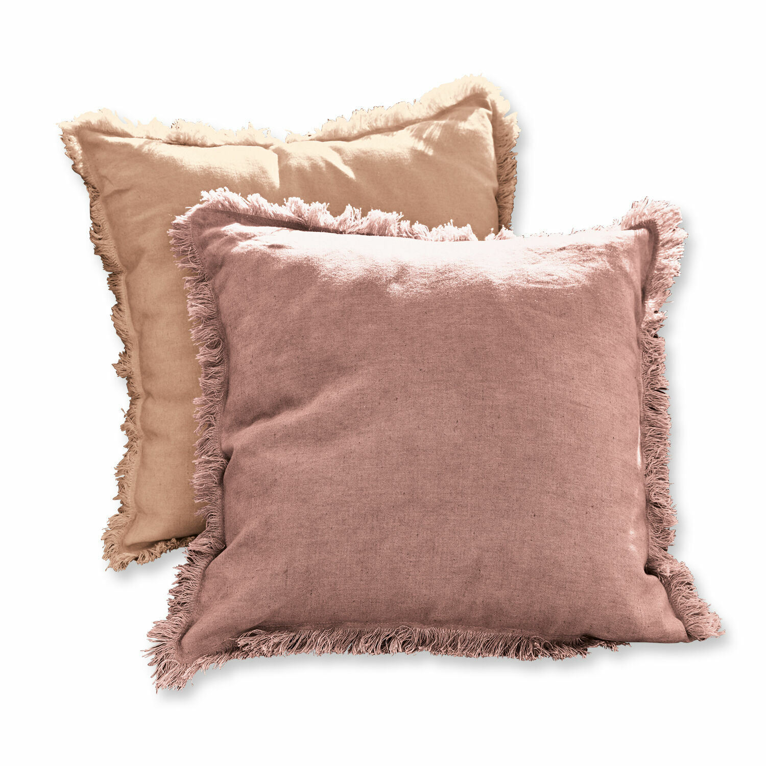 Kissenhülle 2er Set Quebo Set aus zwei dekorativen Leinenkissen mit Fransen in Rosa und Beige für ein gemütliches Wohnen