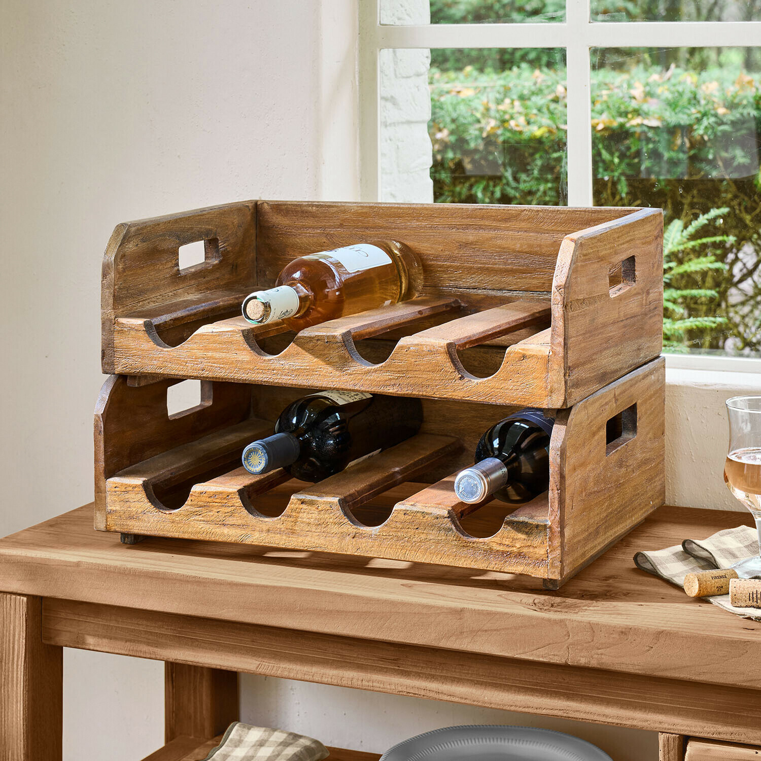 Weinregal aus Holz in Naturfarbe mit sechs Fächern, praktischer Küchenorganizer für Weinflaschen