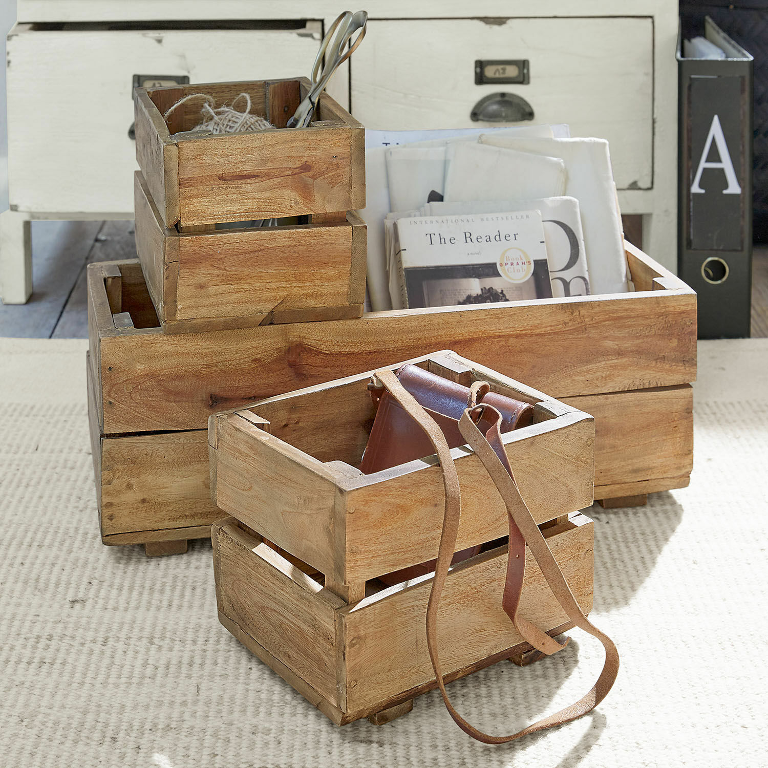 Box 3er Set Madina Set aus natürlichen Holzboxen zur Aufbewahrung von Büchern und Accessoires im Landhausstil