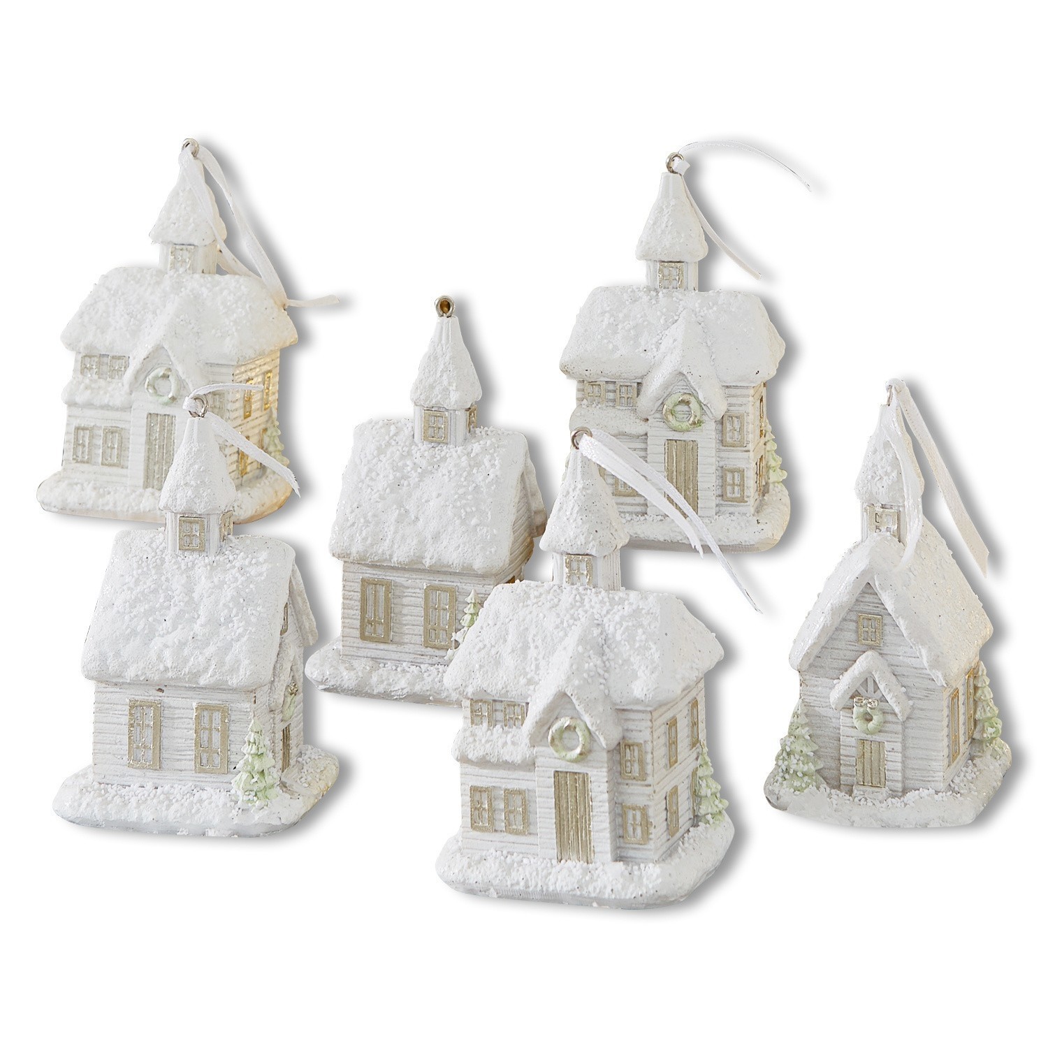 Weihnachtsschmuck 6er Set Legé Set aus sechs weissen Häuschen mit Schneeeffekt als Weihnachtsbaumschmuck zum Aufhängen