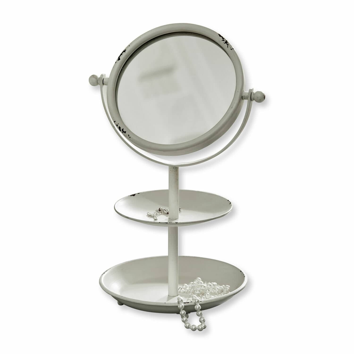 Kosmetikspiegel Elsa Weisser Metall-Tischspiegel mit zwei Ablagen für Schmuck im Vintage-Stil