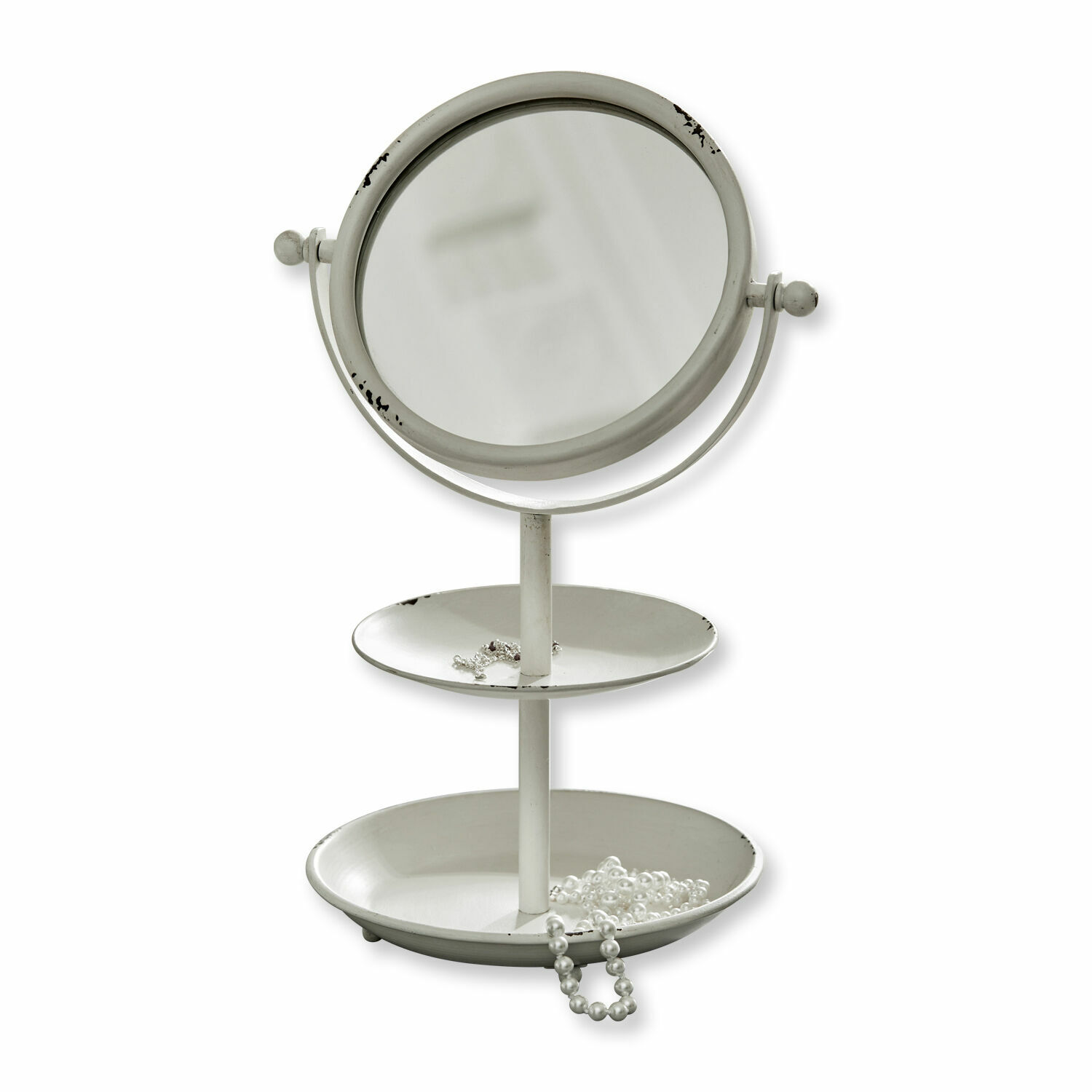 Kosmetikspiegel Elsa Weisser Metall-Tischspiegel mit zwei Ablagen für Schmuck im Vintage-Stil