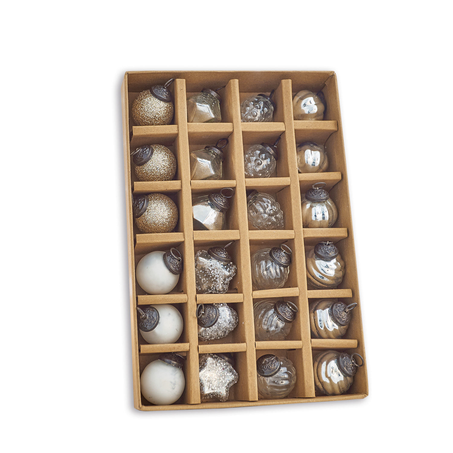 Weihnachtsschmuck 24er Set Sanary Set aus gold-weissen Glas-Weihnachtskugeln in einem braunen Karton mit Fächern