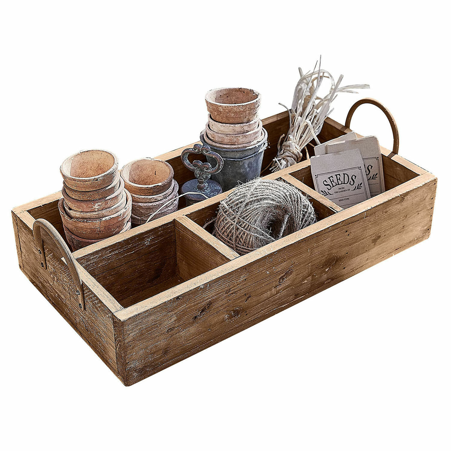 Tablett Jixel Holzkiste mit Fächern, Terrakottatöpfen, Schnur und Samen für den Gartenbedarf