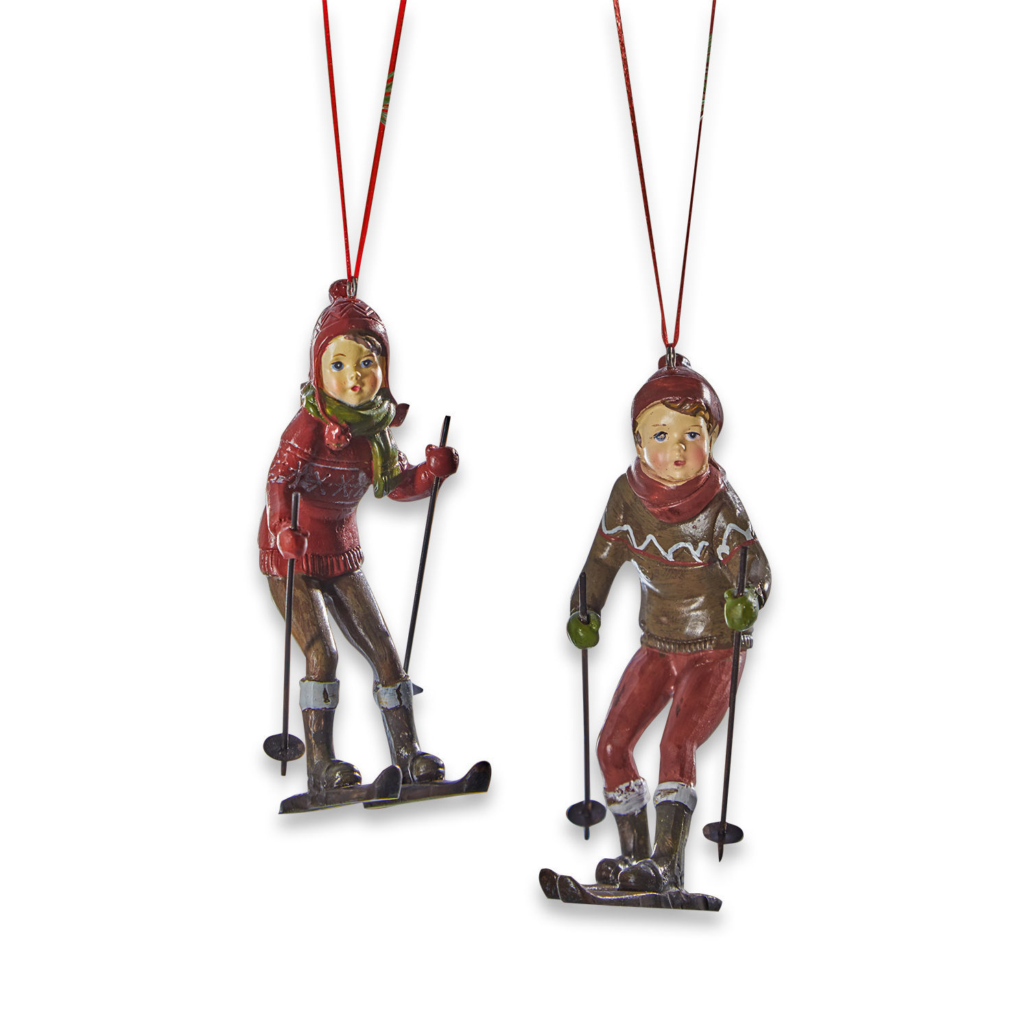 Figur 2er Set Gulbin Zwei hängende Skifahrerfiguren in roten und braunen Kleidern, winterliche Dekoration
