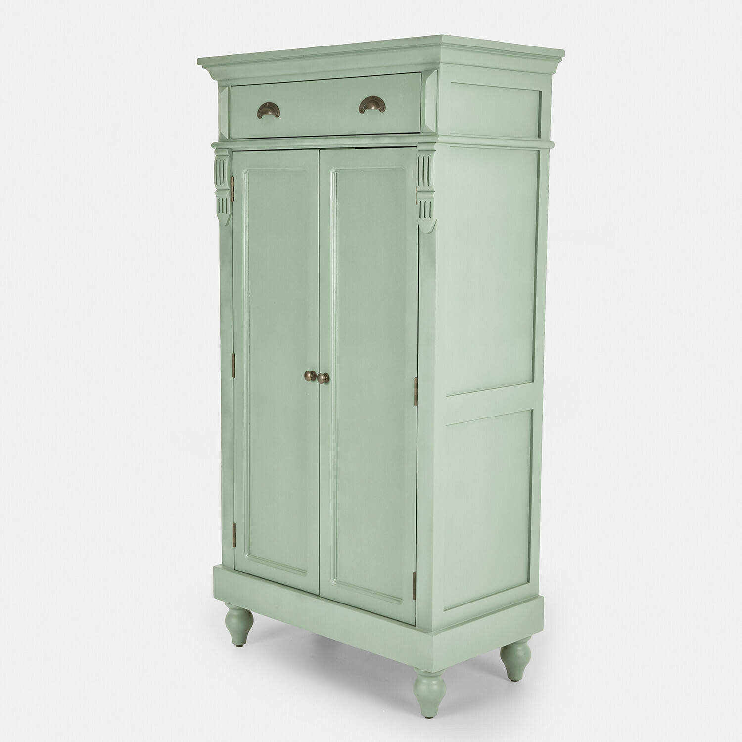 Mintgrüner Holzschrank mit Schublade und Doppeltüren, klassisches Aufbewahrungsmöbel