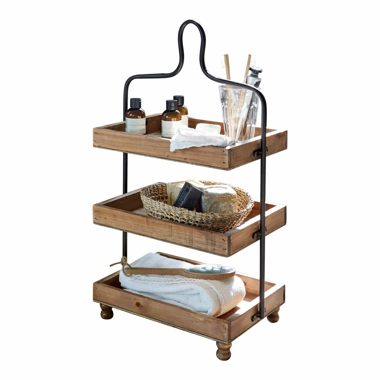 Etagere Lasse Dreistöckiges Regal aus Holz und Metall mit Badutensilien und weissen Handtüchern in Naturtönen