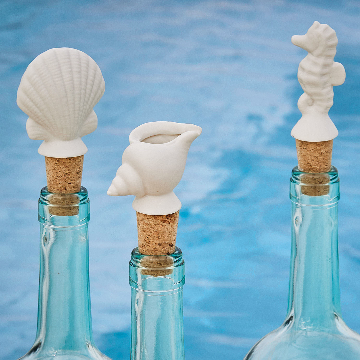Flaschenverschluss 3er Set Frisennier Set aus weissen Keramikflaschenkorken in Form von Muschel, Seepferdchen und Schnecke