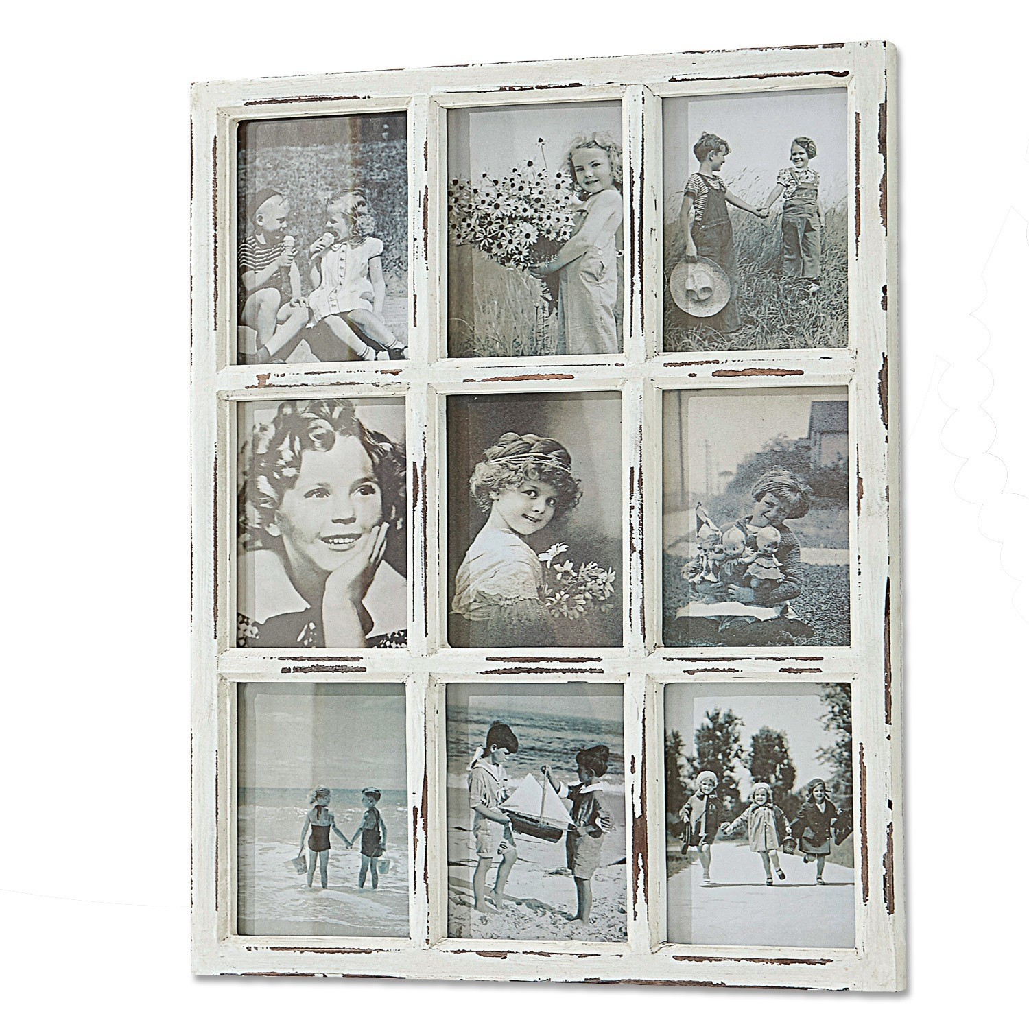 Bilderrahmen Vira Rustikaler weisser Holzfotorahmen mit neun schwarz-weissen Kinderfotos im Vintage-Stil