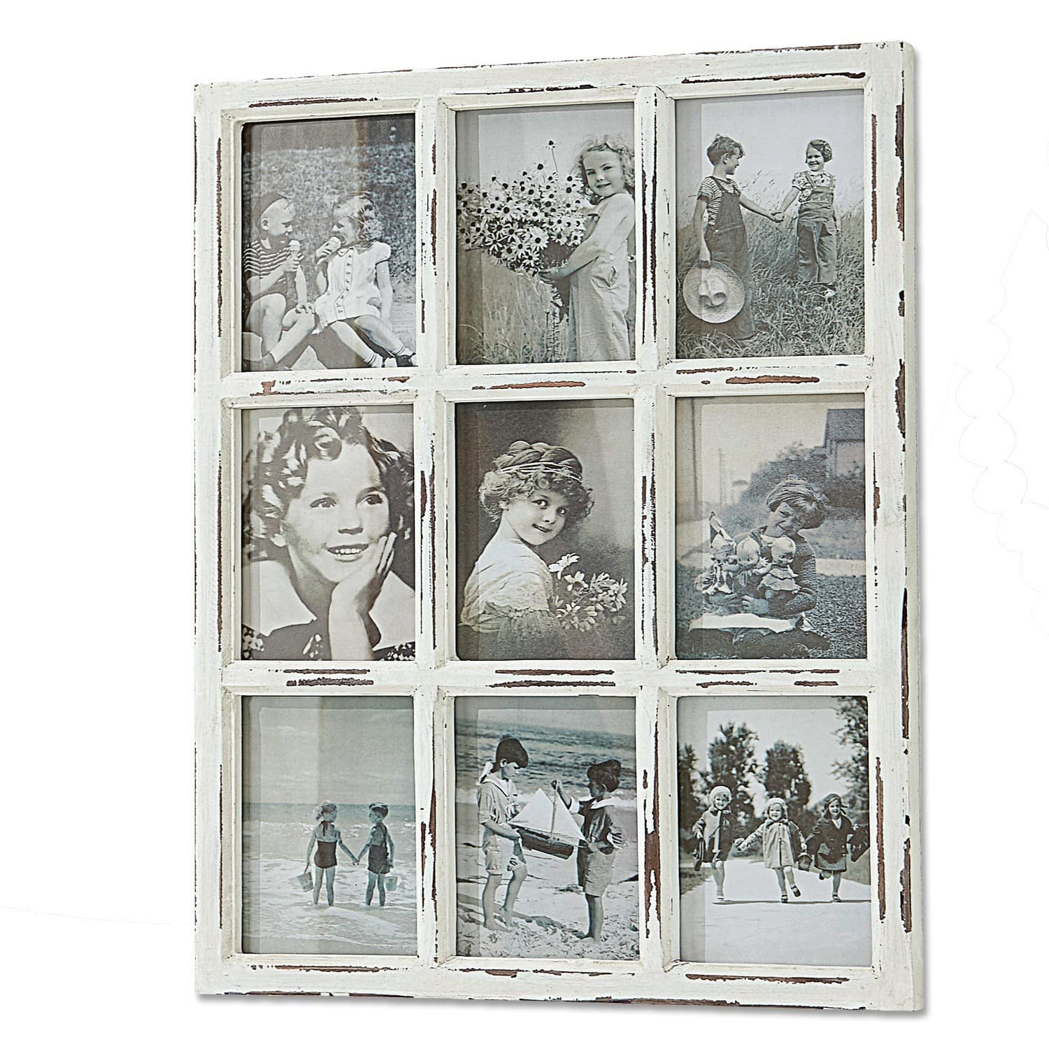 Bilderrahmen Vira Rustikaler weisser Holzfotorahmen mit neun schwarz-weissen Kinderfotos im Vintage-Stil