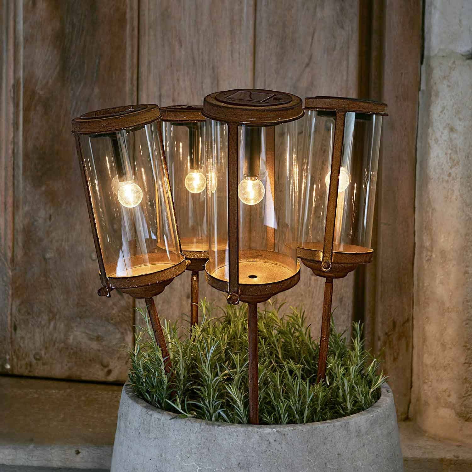 Vier rostige Gartenlampen mit Glasgehäuse und Metallständern in einem Pflanzkübel mit Grünpflanzen