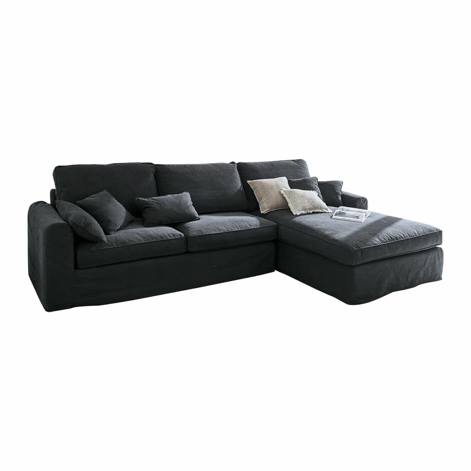 Sofa Seaford Grosses schwarzes Ecksofa aus Stoff mit Kissen, bequem für das Wohnzimmer