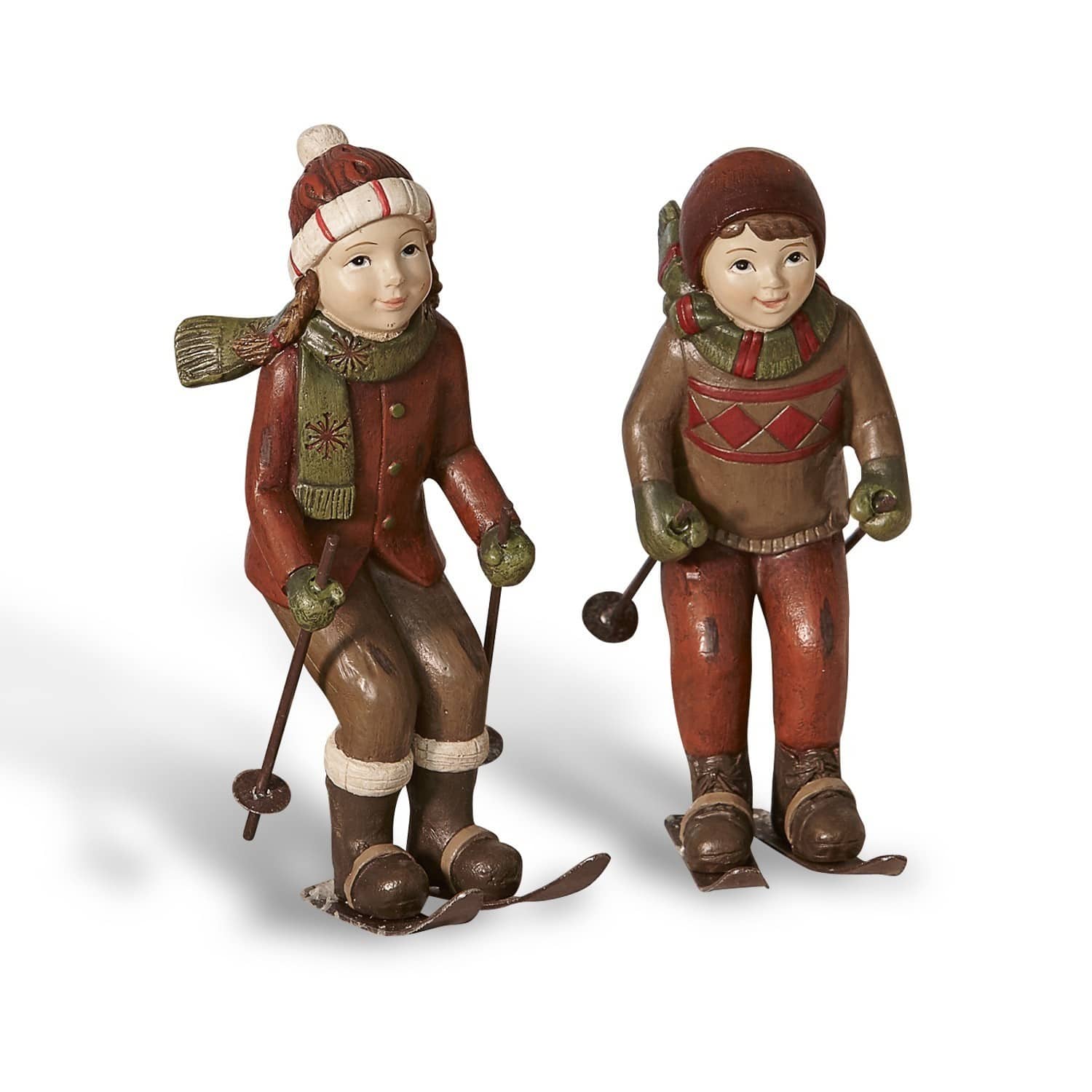 Figur 2er Set Bibury Figuren aus Kunststoff von Kindern in braun-roter Kleidung beim Skifahren, Winterdekoration