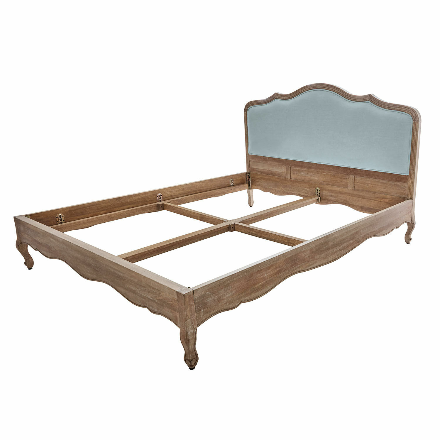 Bett Serravalle aus braunem Holz mit blau gepolstertem Kopfteil im eleganten Vintage-Stil