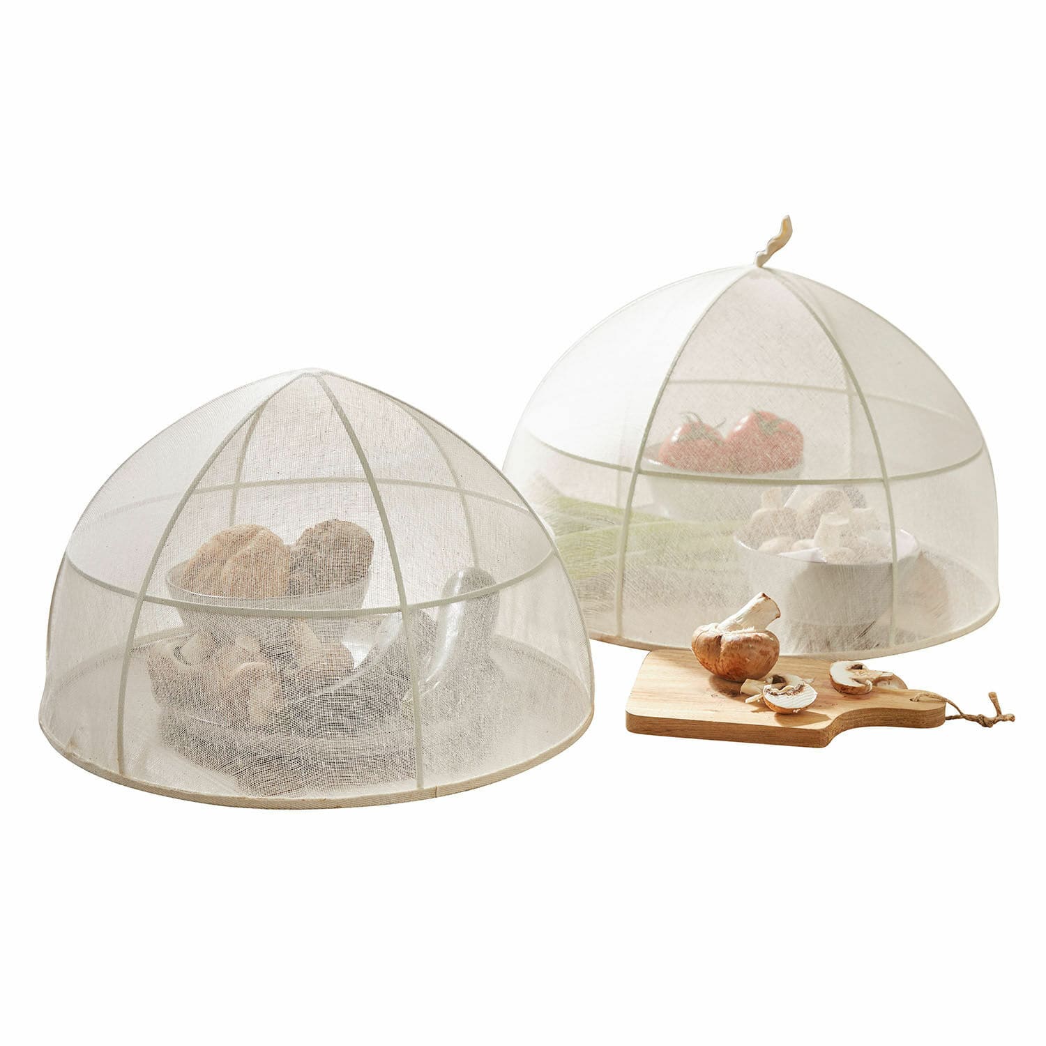Abdeckhaube 2er Set Ognéville Zwei weisse Netz-Abdeckhauben schützen Gemüse und Obst vor Insekten in der Küche.