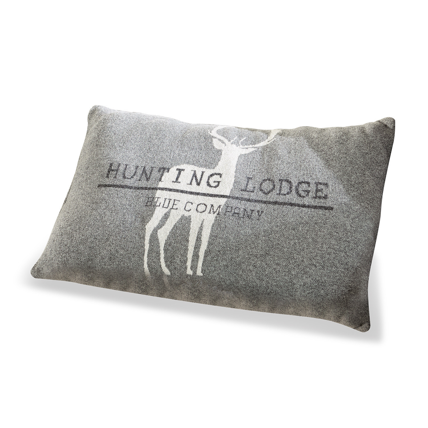 Kissen Lodge Graues Dekokissen mit Hirschmotiv und Schriftzug Hunting Lodge, weiches Material, rustikaler Stil