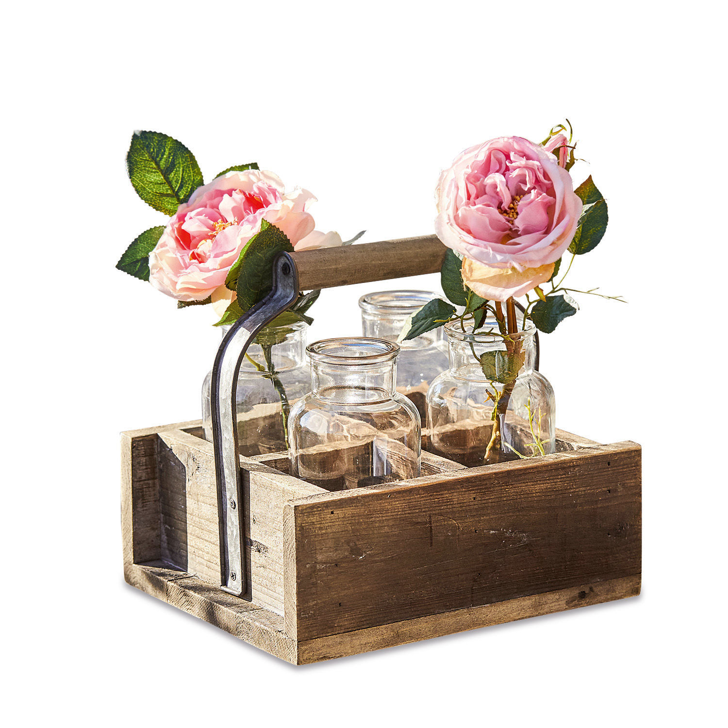 Vase 4er Set mit Korb Reverie Holzträger mit Griff und vier Glasvasen, dekoriert mit rosa Blumen zur Wohnraumdekoration