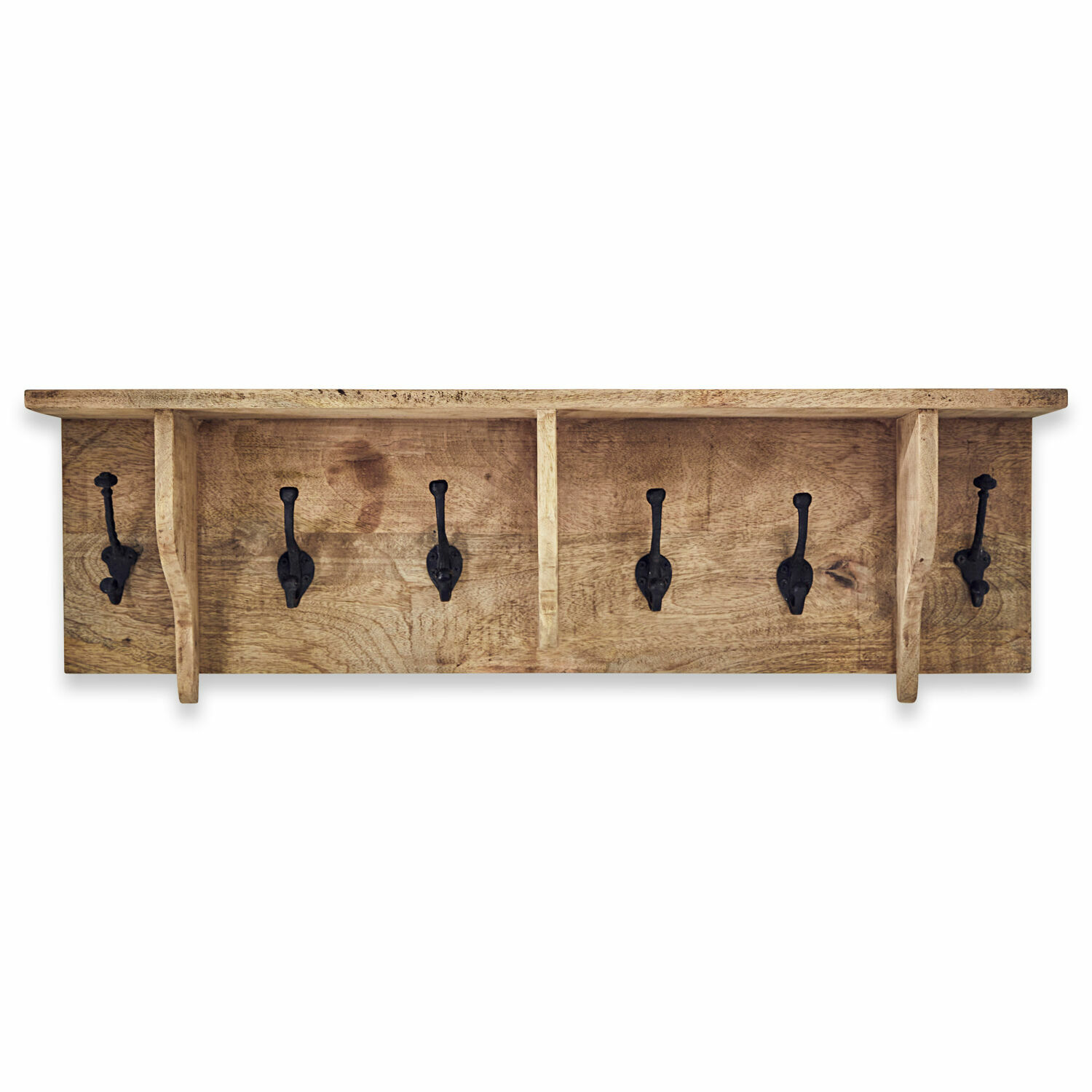 Wandgarderobe aus Holz mit sechs schwarzen Metallhaken für den Flur