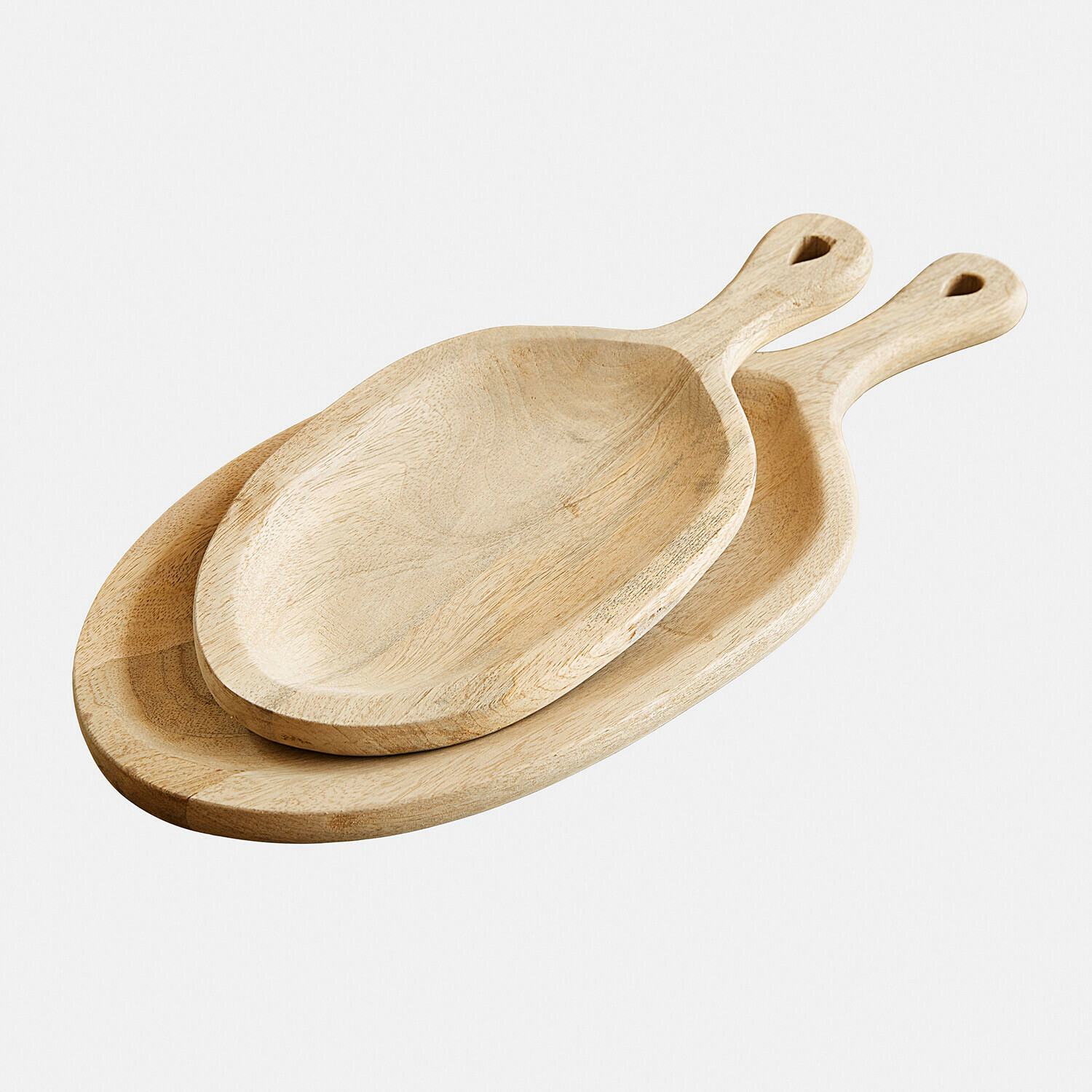 Tablett 2er Set Nolaria Zwei helle Holzservierbretter mit Griffen, natürliche Küchenaccessoires aus Holz