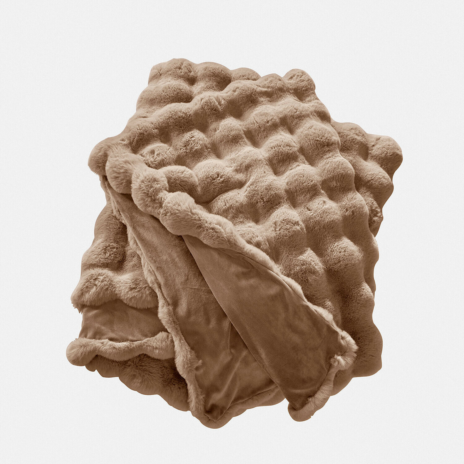 Weiche beige Kuscheldecke mit Fellmuster und glatter Rückseite für gemütliche Wohnräume