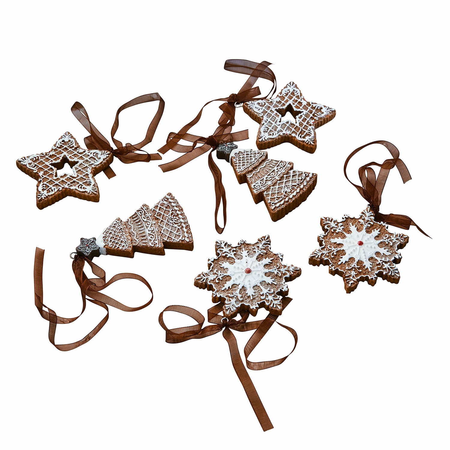 Anhänger 6er Set Chimayo Set Lebkuchen-Weihnachtsanhänger in Stern-, Tannen- und Schneeflockenform mit braunem Band