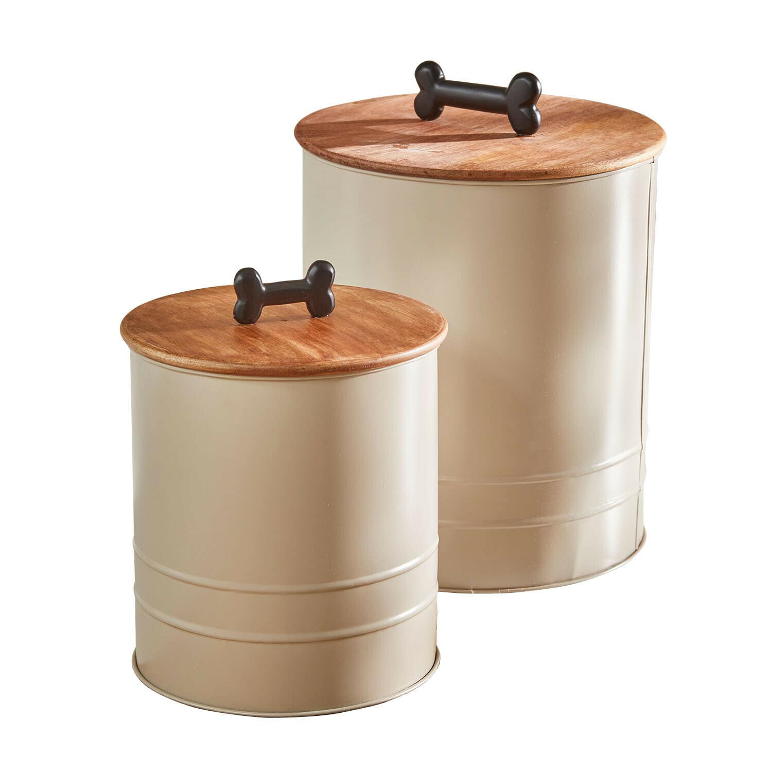 Dose 2er Set Esteluna Set mit zwei beigen Metallbehältern, Holzdeckeln und knochenförmigen Griffen
