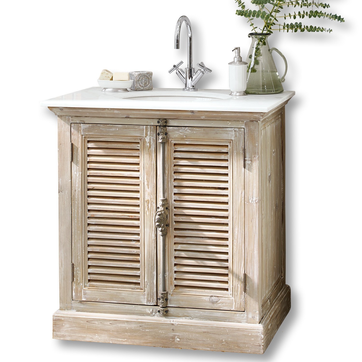 Waschtisch Cuthbert Rustikaler Holz-Badezimmerschrank mit weisser Marmorplatte und verchromtem Wasserhahn