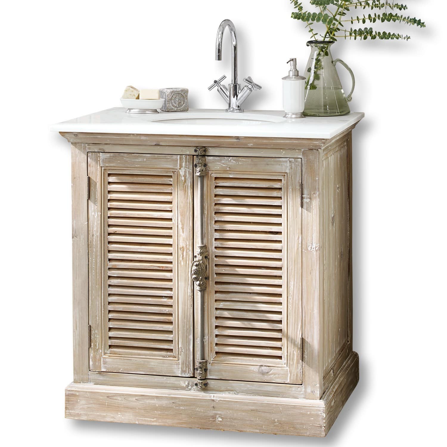 Waschtisch Cuthbert Rustikaler Holz-Badezimmerschrank mit weisser Marmorplatte und verchromtem Wasserhahn