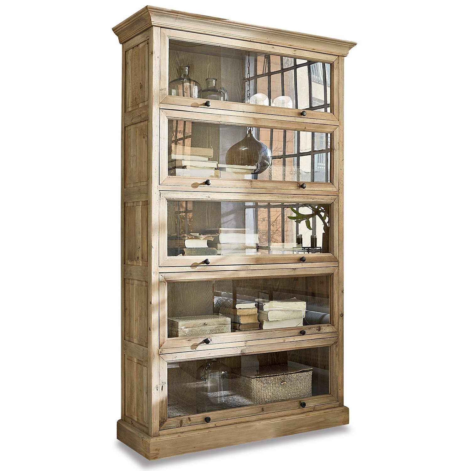 Schrank Stourbridge Hohe Holzvitrine mit Glastüren und natürlicher Oberfläche zur Aufbewahrung von Büchern und Dekorationen
