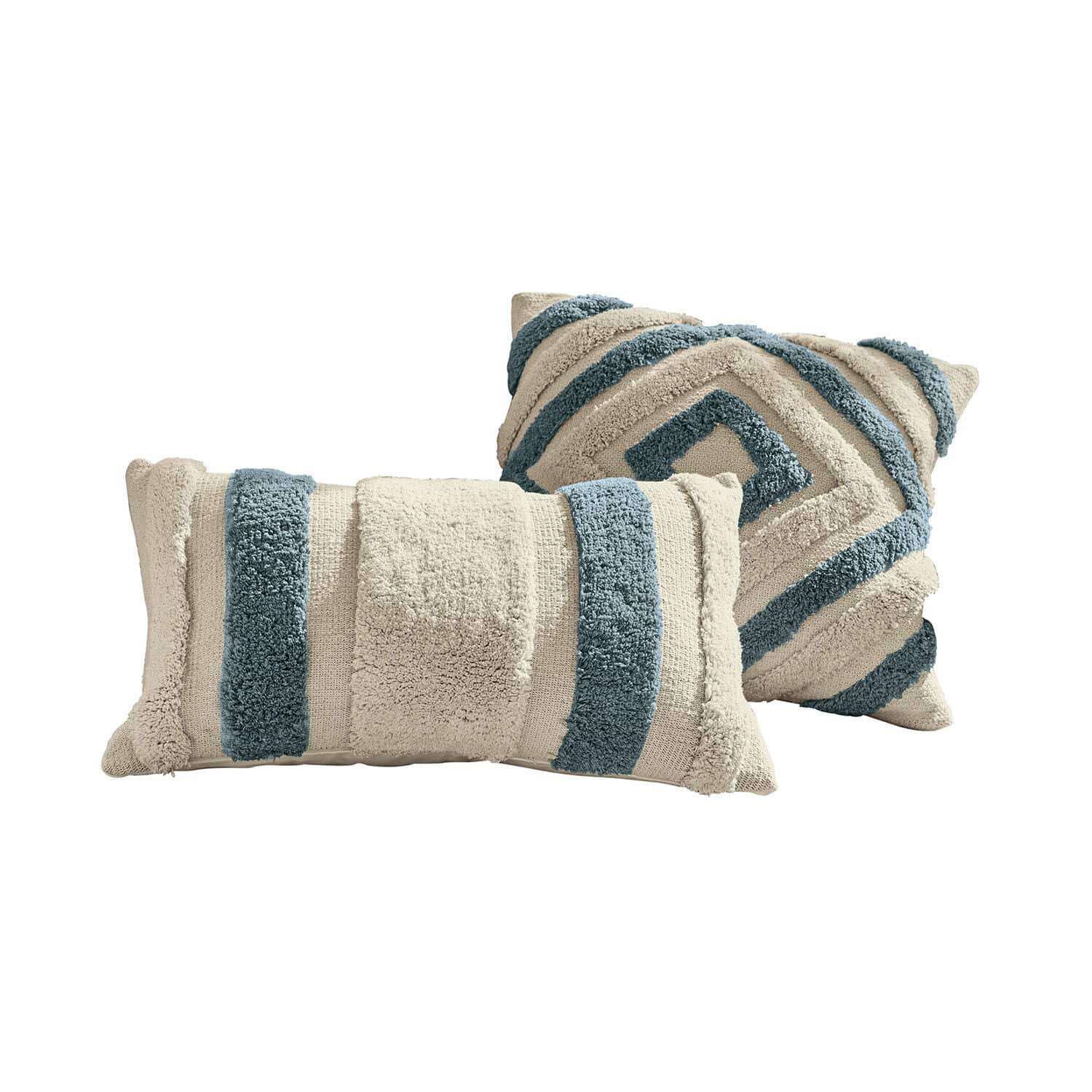 Kissenhülle 2er Set Melyn Set aus zwei dekorativen Baumwollkissen in Creme und Blau mit geometrischem Muster