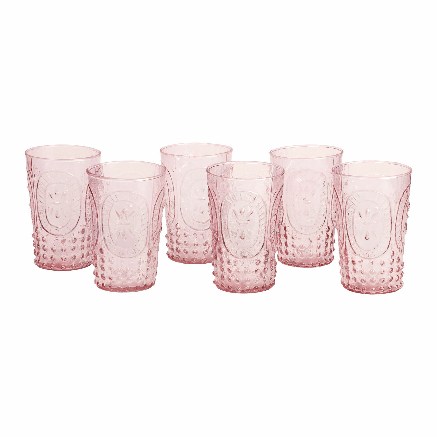 rosa 6-teiliges Set rosa Fleury-Gläser aus Glas mit dekorativem Muster, ideal für Getränke.